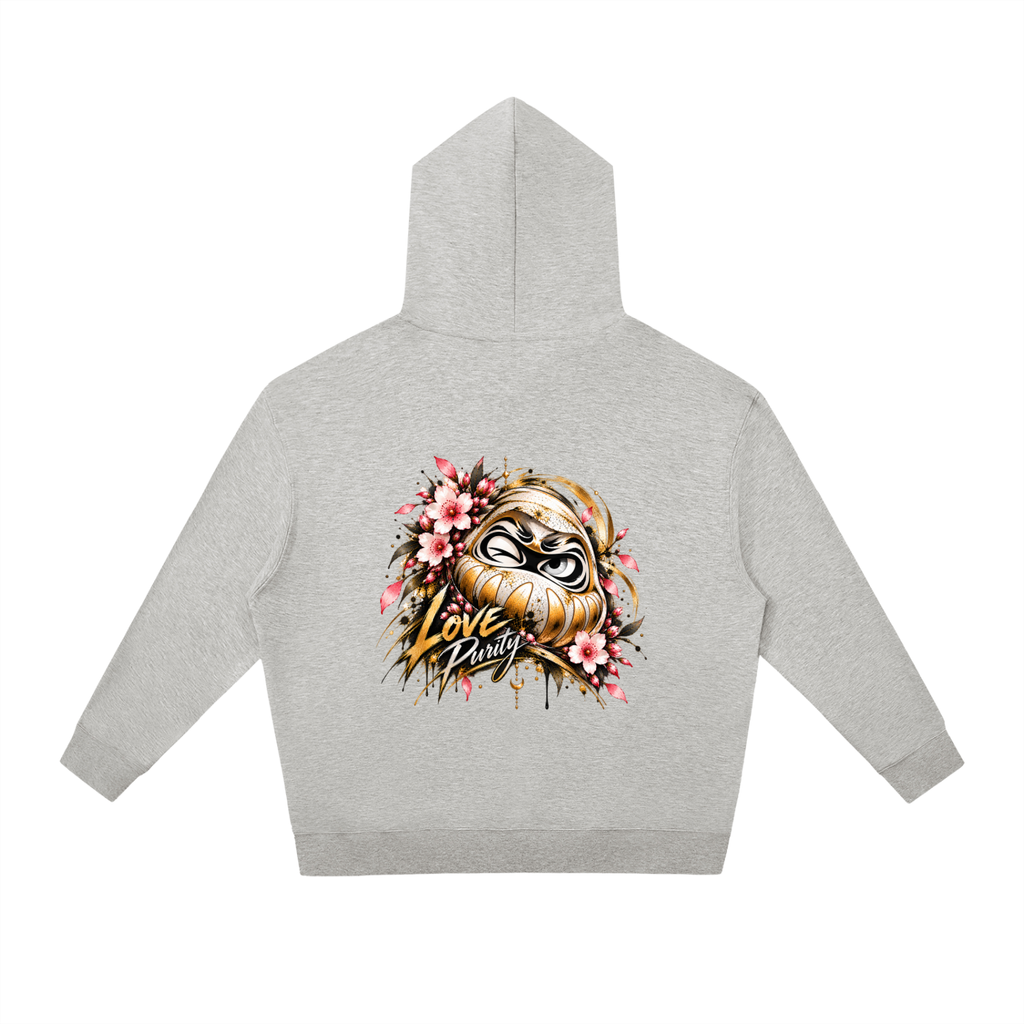 Gray oversized hoodie featuring a Daruma graphic with "Love Purity" text and floral accents on the back.