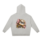 Gray oversized hoodie featuring a Daruma graphic with "Love Purity" text and floral accents on the back.