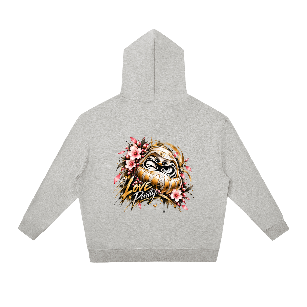 Gray oversized hoodie featuring a Daruma graphic with "Love Purity" text and floral accents on the back.
