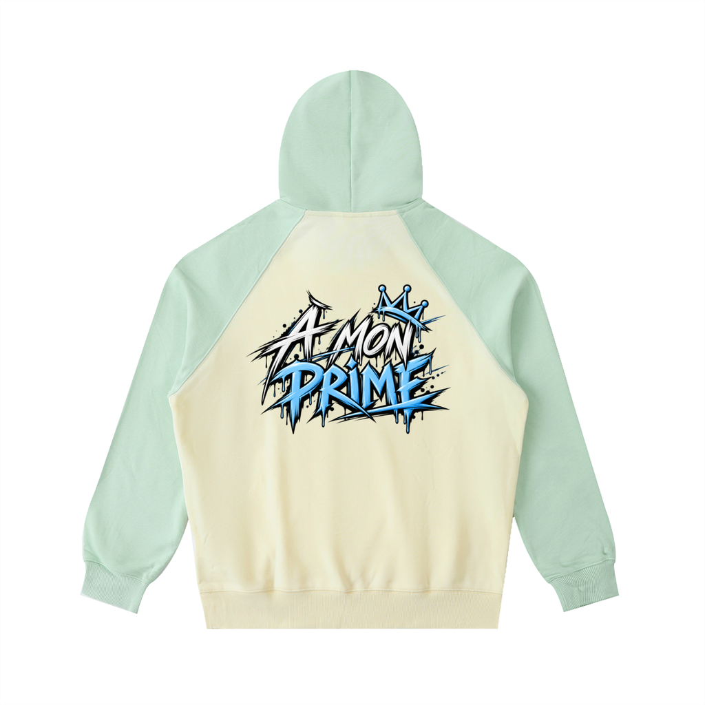 Hoodie oversize Urban Crown Ink Pick Me abricot clair et vert, graffiti « A MON PRIME » bleu