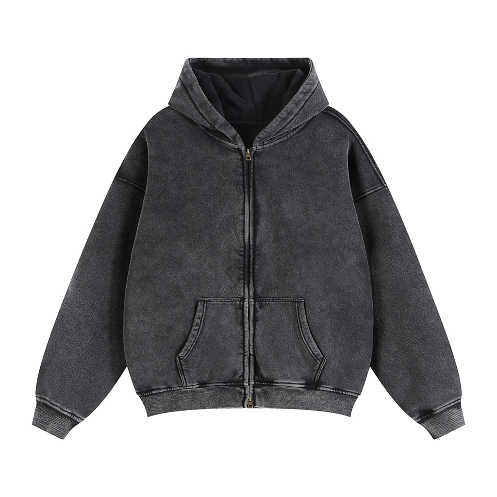 Veste hoodie zippée noir délavé snow wash Ink Pick Me, coupe ample – vue de face