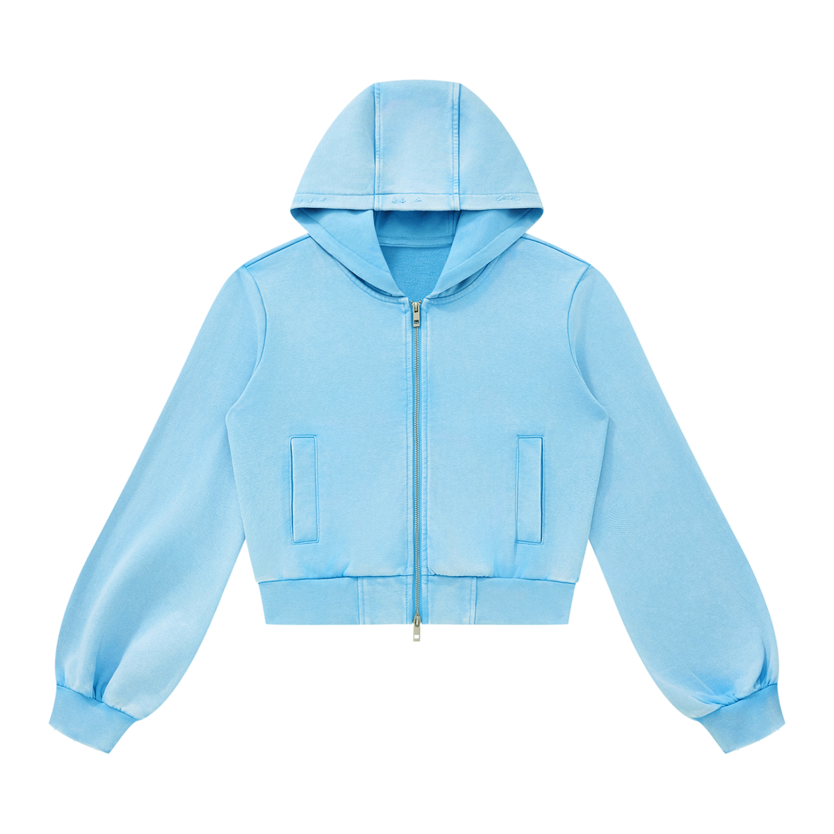 Hoodie zippé court bleu ciel Ink Pick Me, poches avant – vue de face