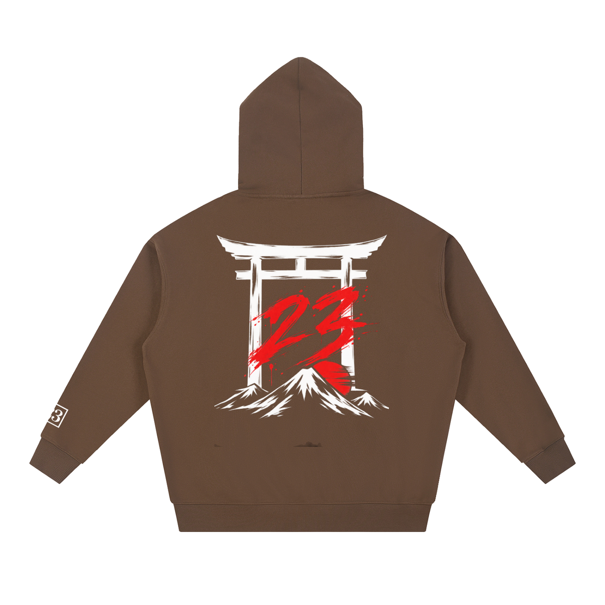 Hoodie oversize Torii 23 café Ink Pick Me, torii, montagnes et 23 rouge au dos