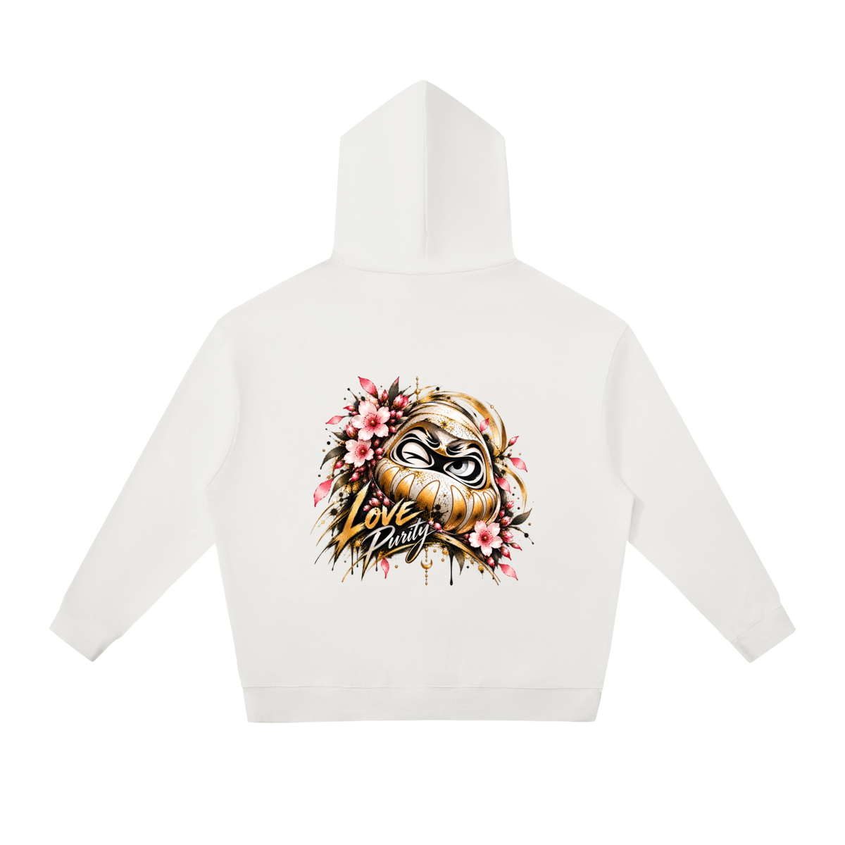 White oversized hoodie featuring a colorful Daruma design with cherry blossoms and "Love Purity" text on the back.