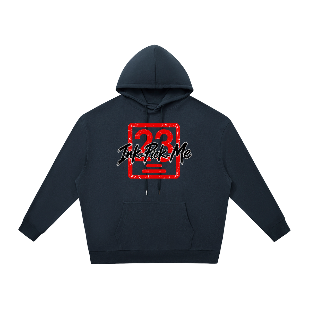 Unisex oversized hoodie in navy blue featuring a prominent red graphic with "Ink Pick Me" and a number design, complete with a kangaroo pocket.