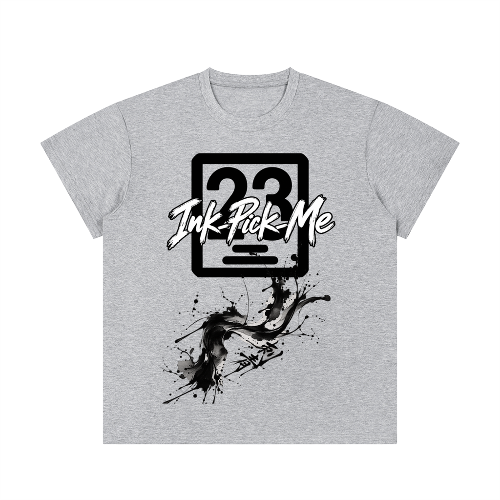 Unisex regular fit crewneck t-shirt in gray, featuring a bold graphic design with "Ink-Pick Me" and splatter patterns.