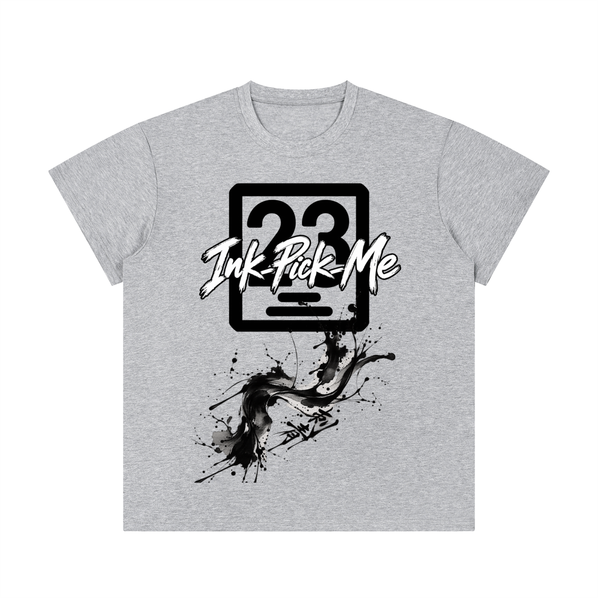 Unisex regular fit crewneck t-shirt in gray, featuring a bold graphic design with "Ink-Pick Me" and splatter patterns.