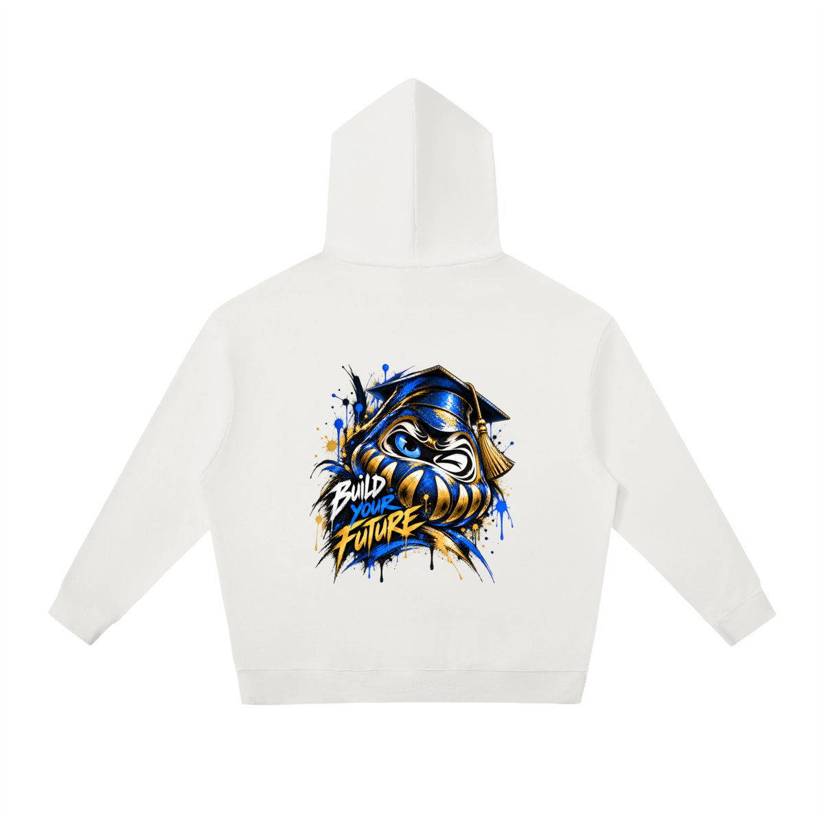 Oversized white hoodie with a graphic design featuring a blue and gold "Build Your Future" print on the back.