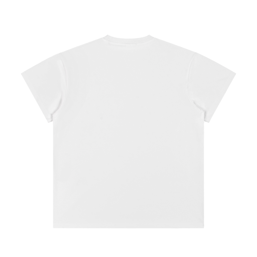 White unisex crewneck t-shirt with a relaxed, oversized fit and short sleeves, featuring a classic ribbed neckline.