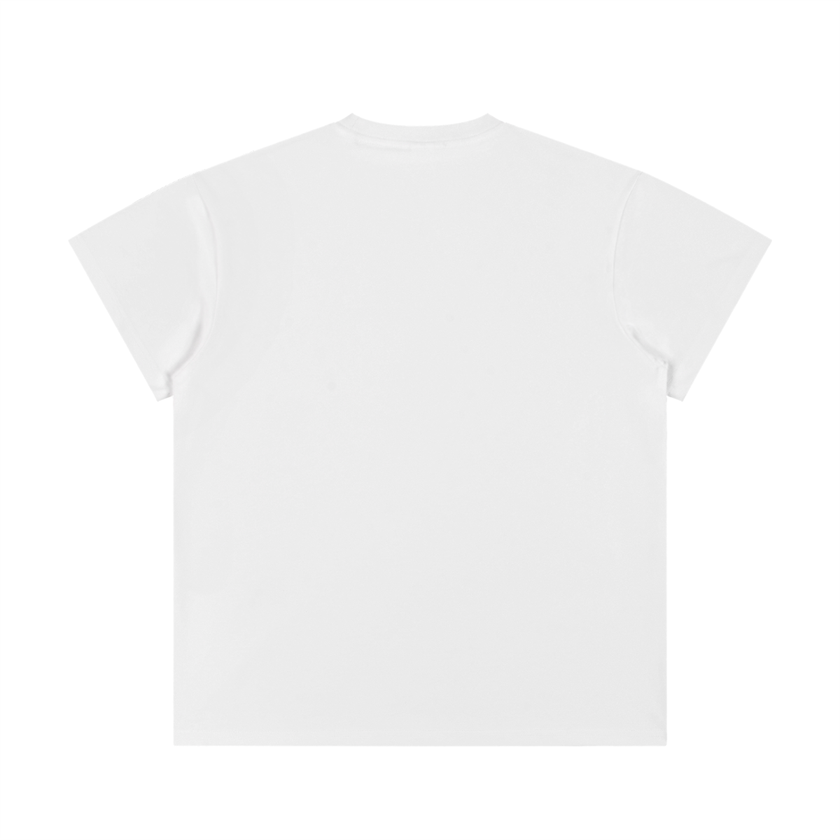 White unisex crewneck t-shirt with a relaxed, oversized fit and short sleeves, featuring a classic ribbed neckline.