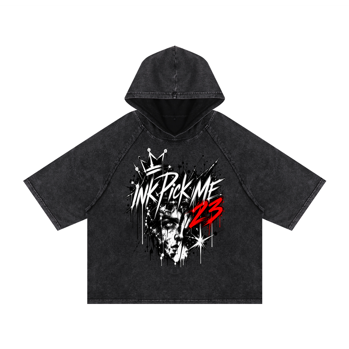 Hoodie manches courtes noir Underground Signature Ink Pick Me, grand visuel encre blanc et rouge