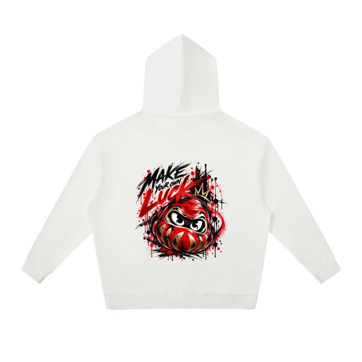 White oversized hoodie featuring a colorful Daruma graphic on the back with the text "MAKE YOUR OWN LUCK.