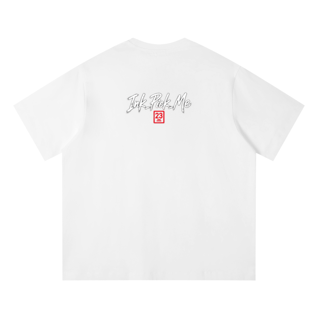 White unisex t-shirt made of organic cotton, featuring a graphic design "Ink Pick Me" and a red stamp on the back.