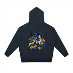 Graphic hoodie in navy, featuring a Daruma design on the back with "Build Your Future" text. Relaxed fit with dropped shoulders.