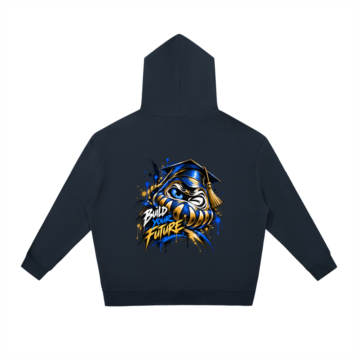 Graphic hoodie in navy, featuring a Daruma design on the back with "Build Your Future" text. Relaxed fit with dropped shoulders.