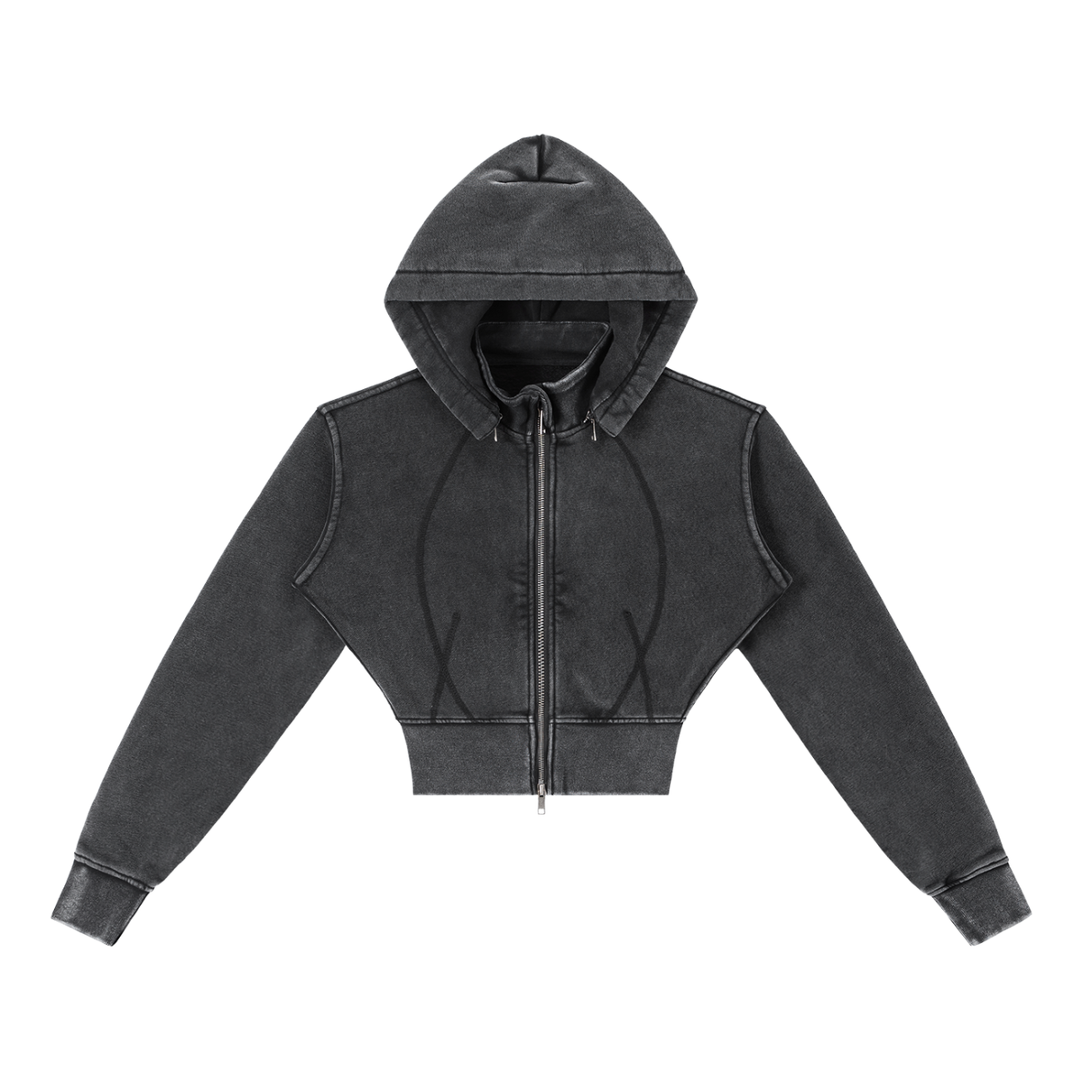 Hoodie cropped zippé noir délavé Ink Pick Me, polaire épaisse – vue de face