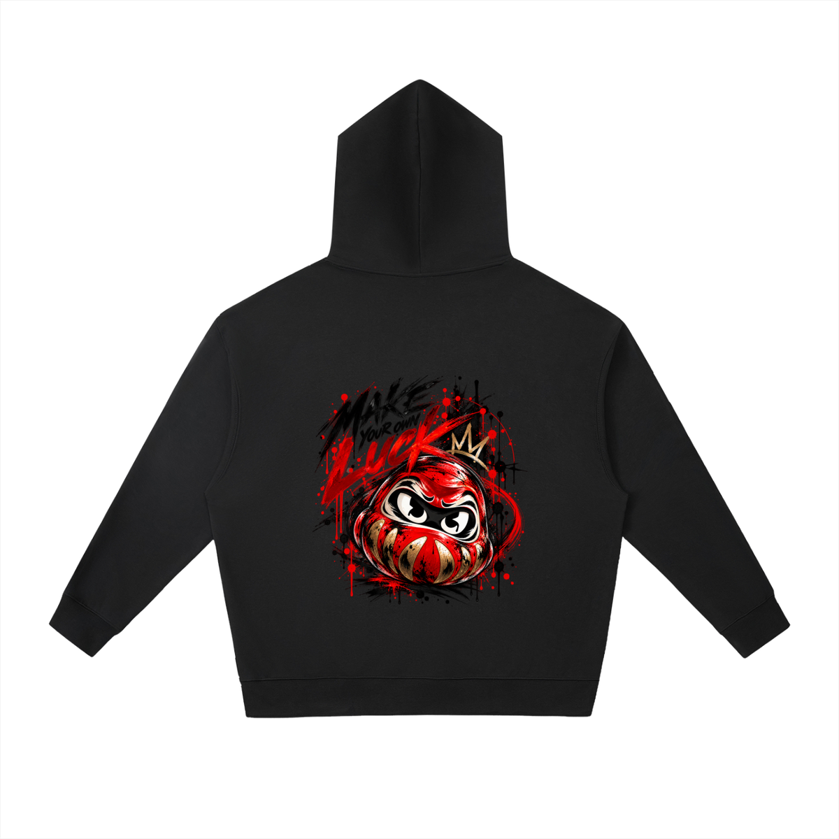 Black oversized hoodie featuring a colorful Daruma design on the back with "MAKE YOUR OWN LUCK" in bold lettering.