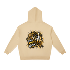 Beige oversized hoodie with a Daruma graphic on the back, featuring "FALL RISE REPEAT" text in bold colors.