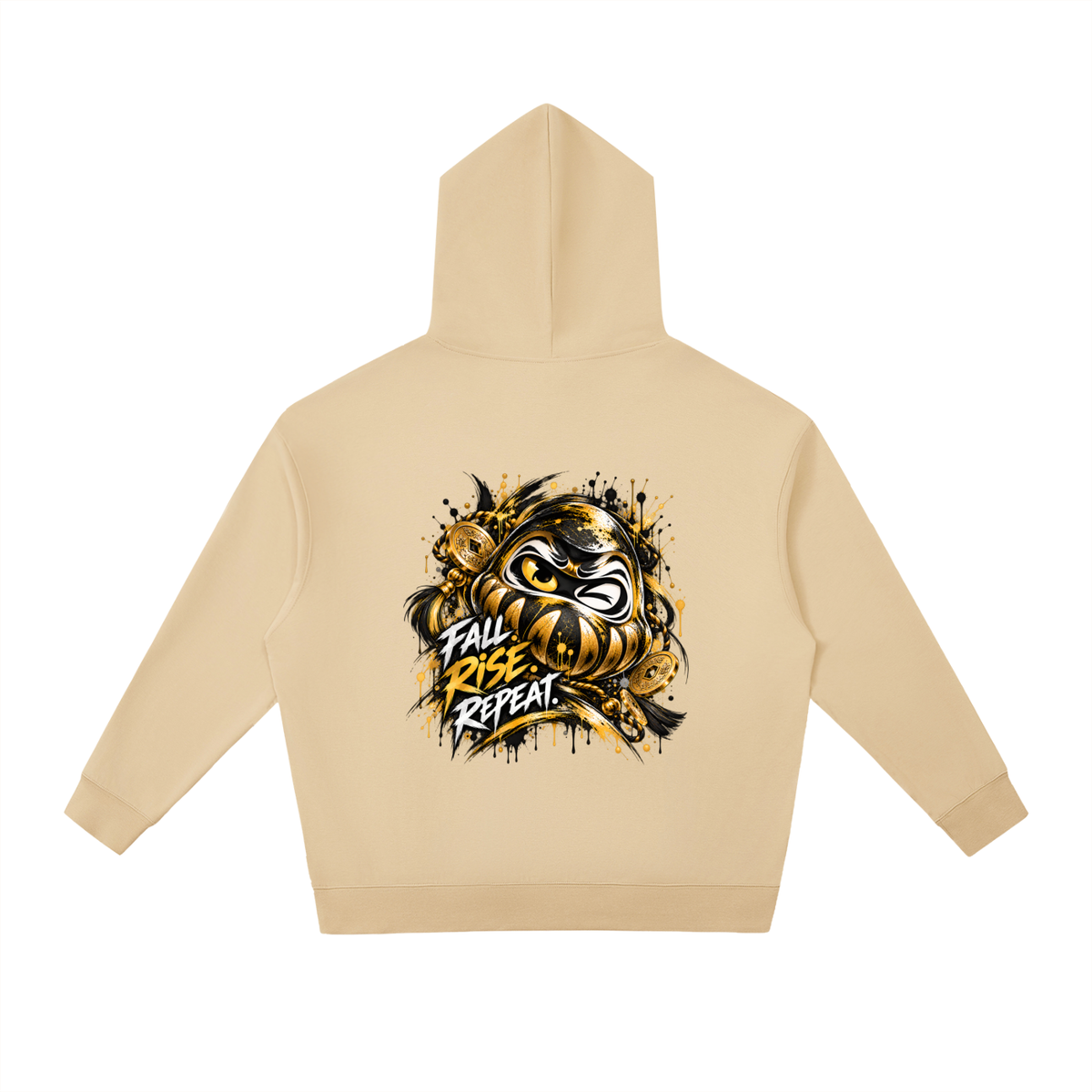 Beige oversized hoodie with a Daruma graphic on the back, featuring "FALL RISE REPEAT" text in bold colors.