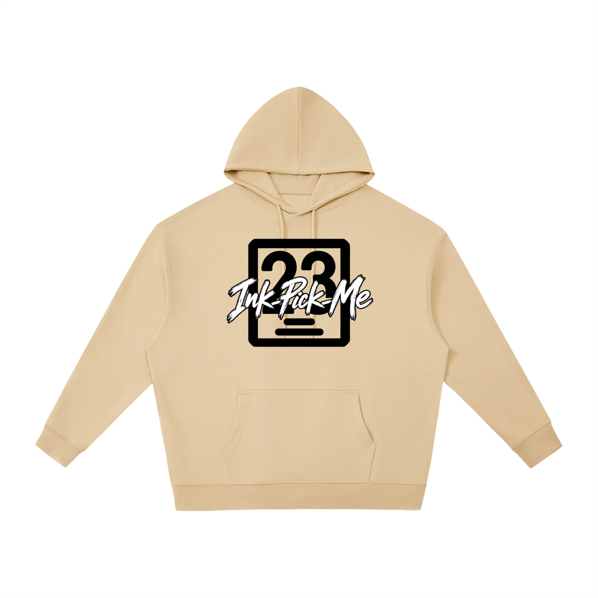 Oversized beige hoodie featuring a large black graphic, a drawstring hood, and a front kangaroo pocket.