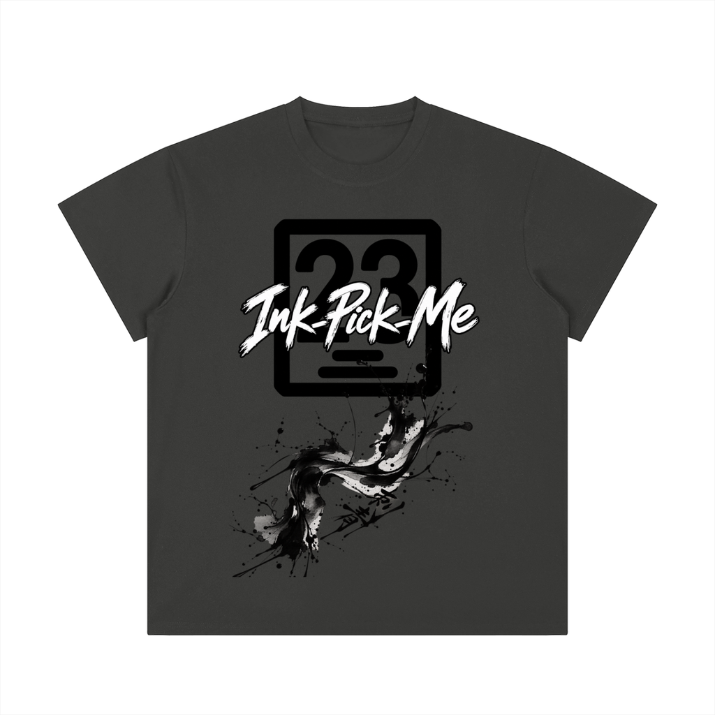 Unisex regular fit crewneck t-shirt in dark gray featuring bold white graphic "Ink-Pick-Me" and painterly splashes.