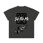 Unisex regular fit crewneck t-shirt in dark gray featuring bold white graphic "Ink-Pick-Me" and painterly splashes.