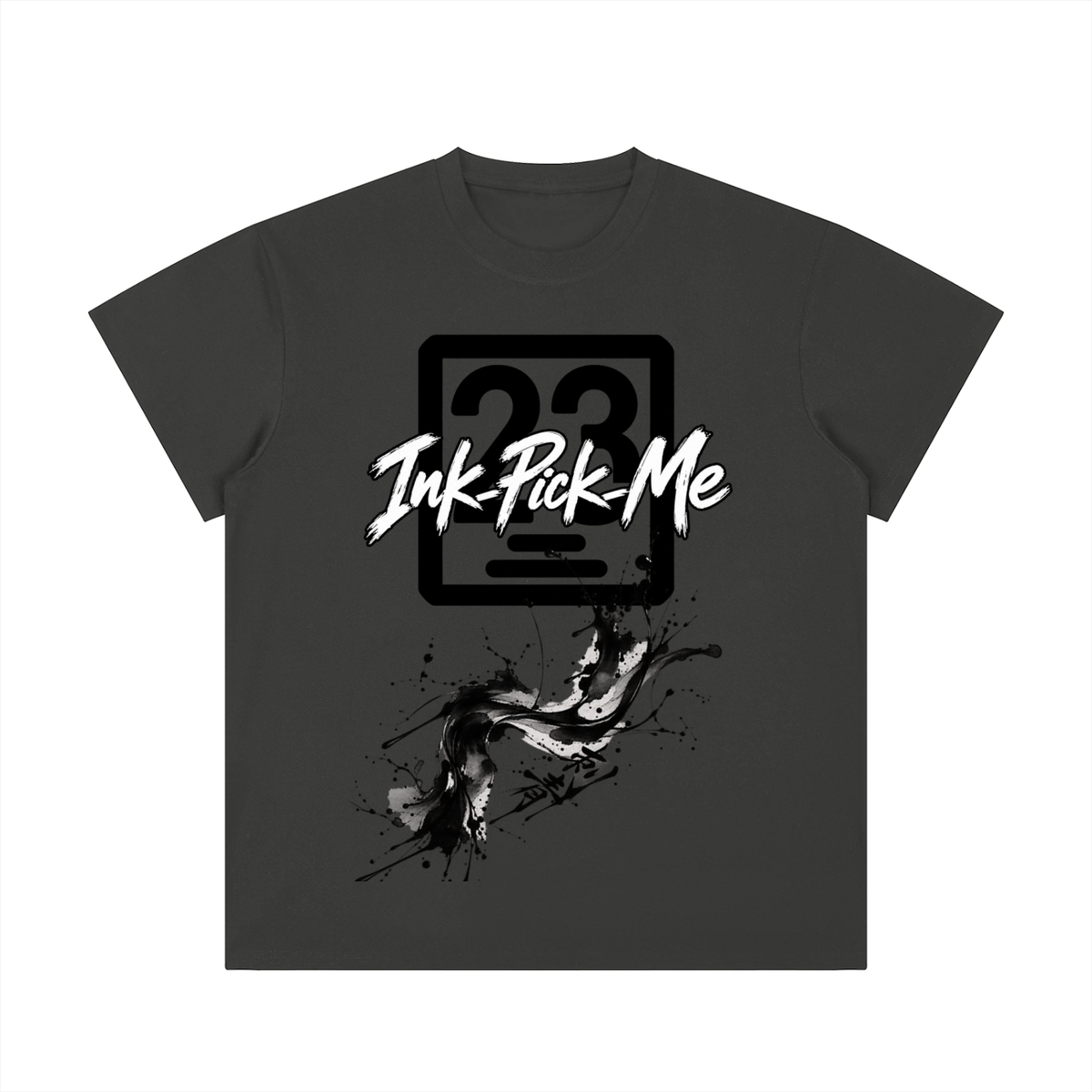 Unisex regular fit crewneck t-shirt in dark gray featuring bold white graphic "Ink-Pick-Me" and painterly splashes.