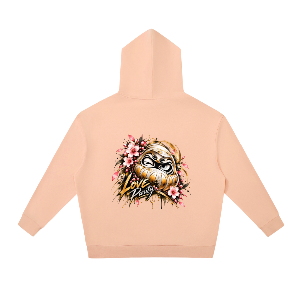 Peach oversized hoodie featuring a Daruma graphic with flowers and "Love Purity" text on the back.