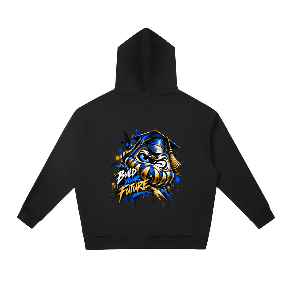Graphic black hoodie featuring a large colorful design of a Daruma doll with the text “Build Your Future” on the back.