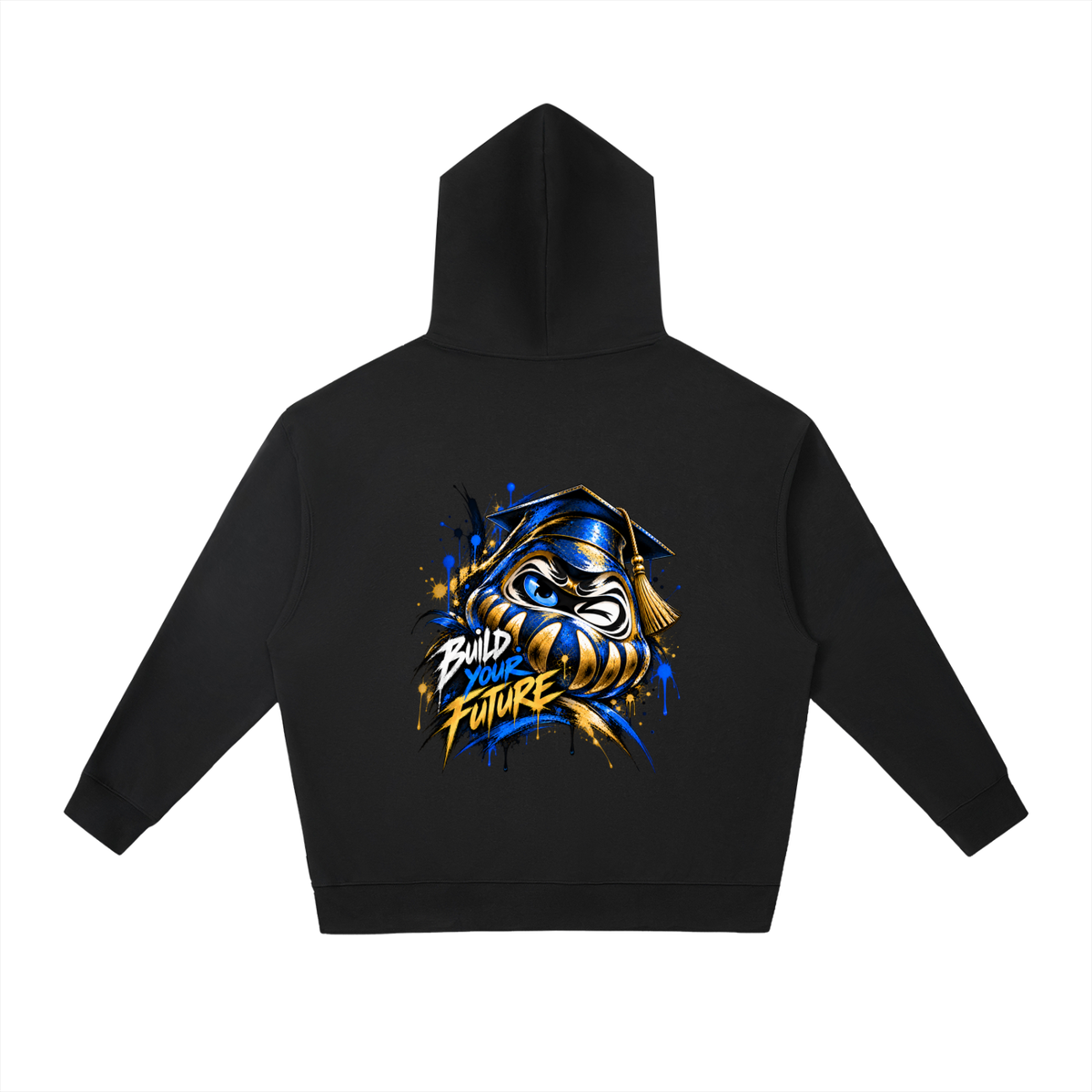 Graphic black hoodie featuring a large colorful design of a Daruma doll with the text “Build Your Future” on the back.