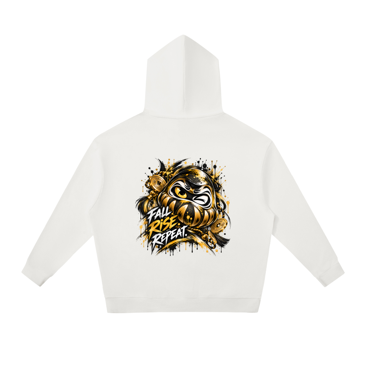 White oversized hoodie featuring a gold Daruma graphic on the back, with "FALL. RISE. REPEAT." text.