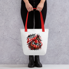 Spacious white tote bag featuring a bold red and black Daruma graphic with "Make Your Own Luck" text, held by a model.