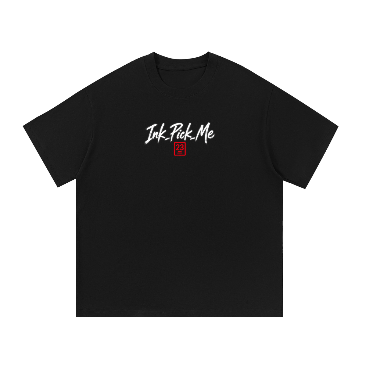 Black oversized T-shirt with white "Ink Pick Me" logo and red box detail, featuring a crew neck and short sleeves.