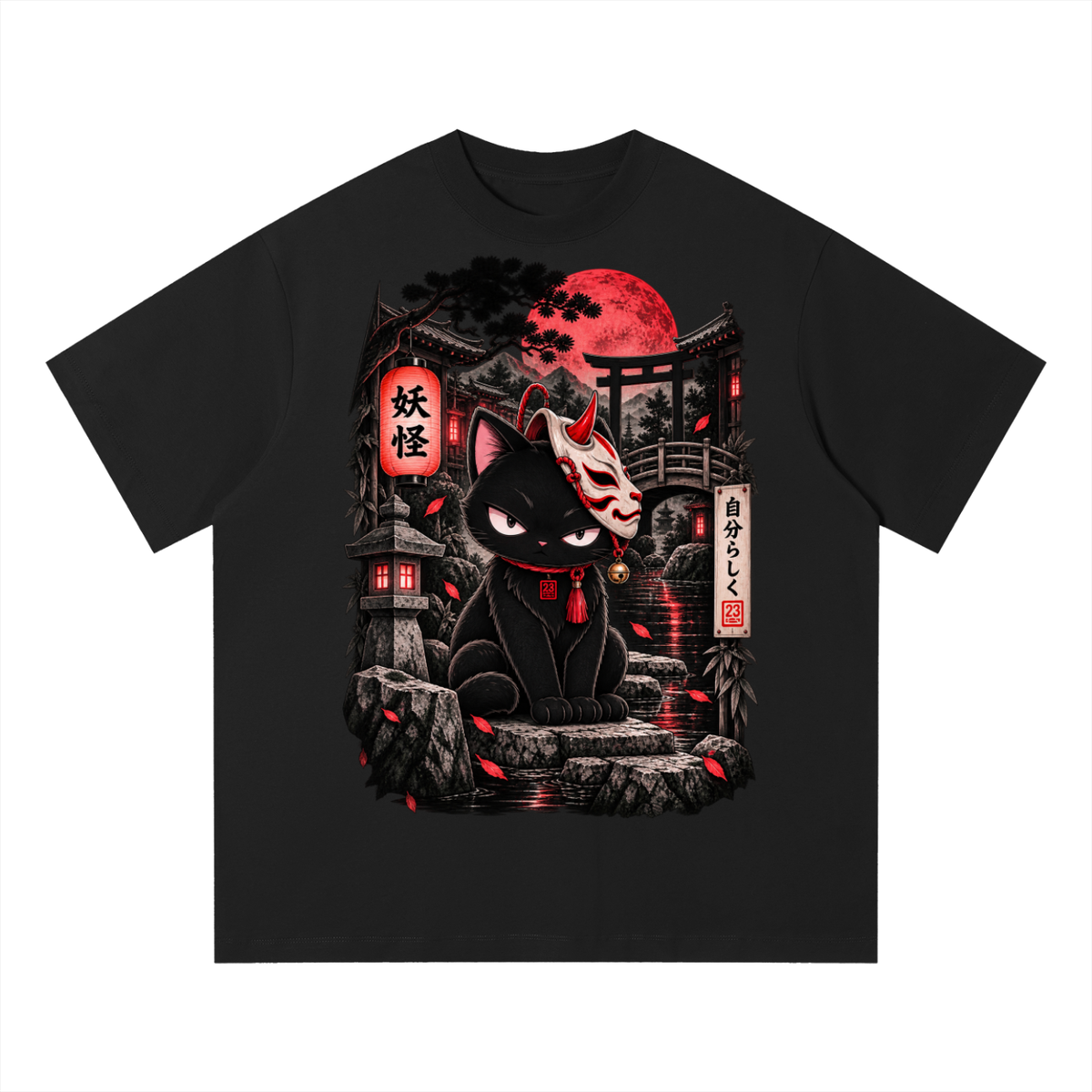 Black oversized unisex T-shirt featuring a graphic of a cat wearing a mask, set against a Japanese-inspired background.