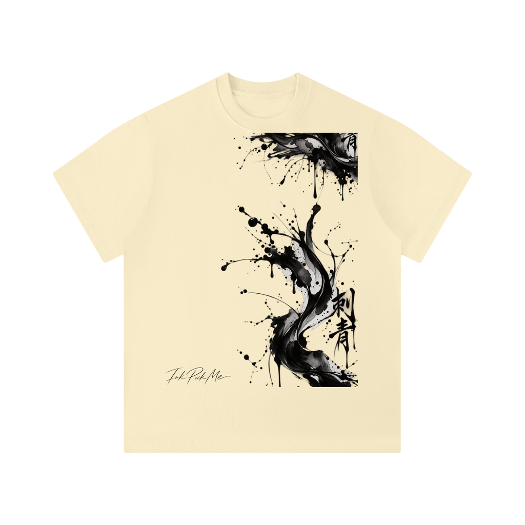T-shirt unisexe crème Ink Pick Me, grande tache d'encre noire et kanji sur le devant, manches courtes