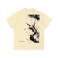 T-shirt unisexe crème Ink Pick Me, grande tache d'encre noire et kanji sur le devant, manches courtes