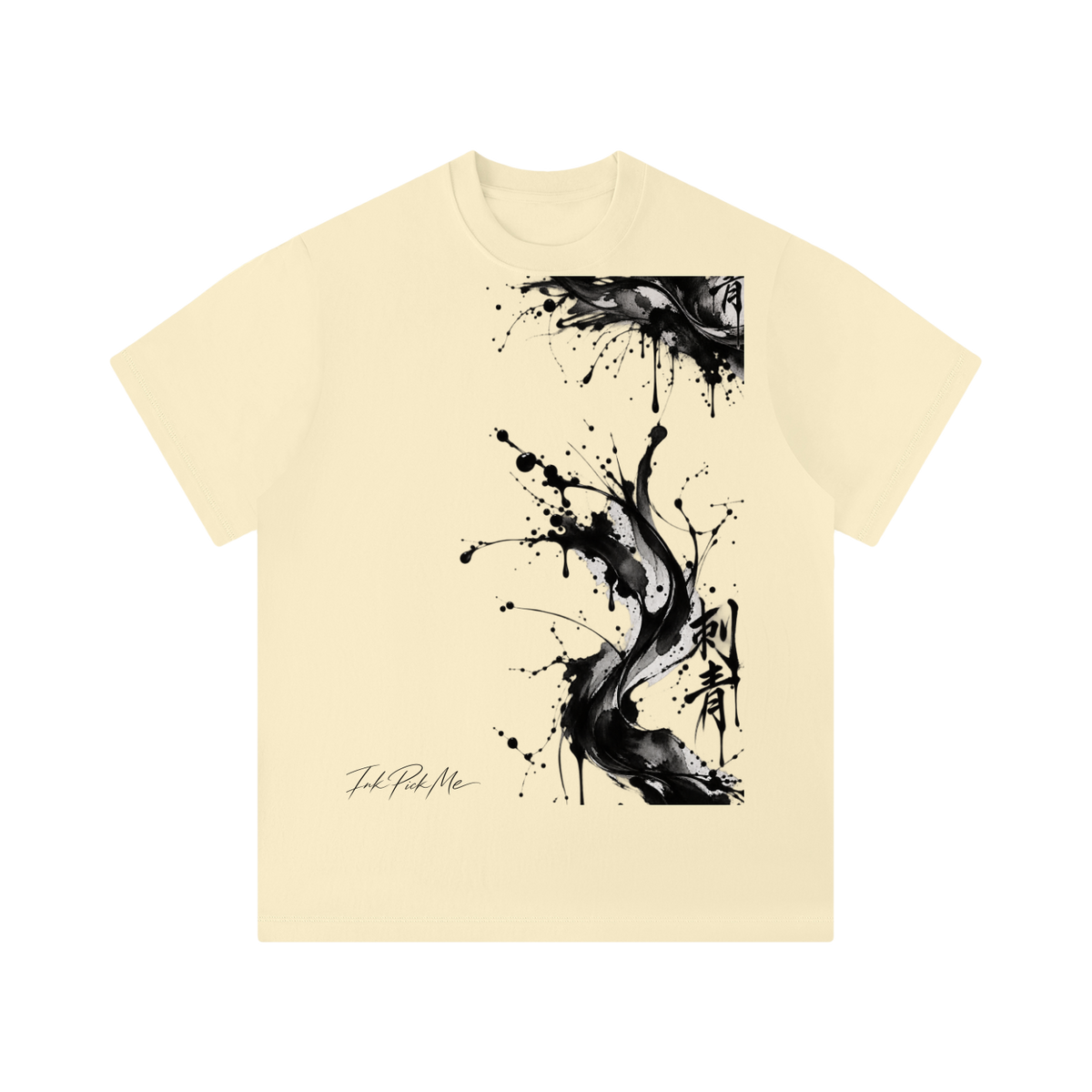 T-shirt unisexe crème Ink Pick Me, grande tache d'encre noire et kanji sur le devant, manches courtes