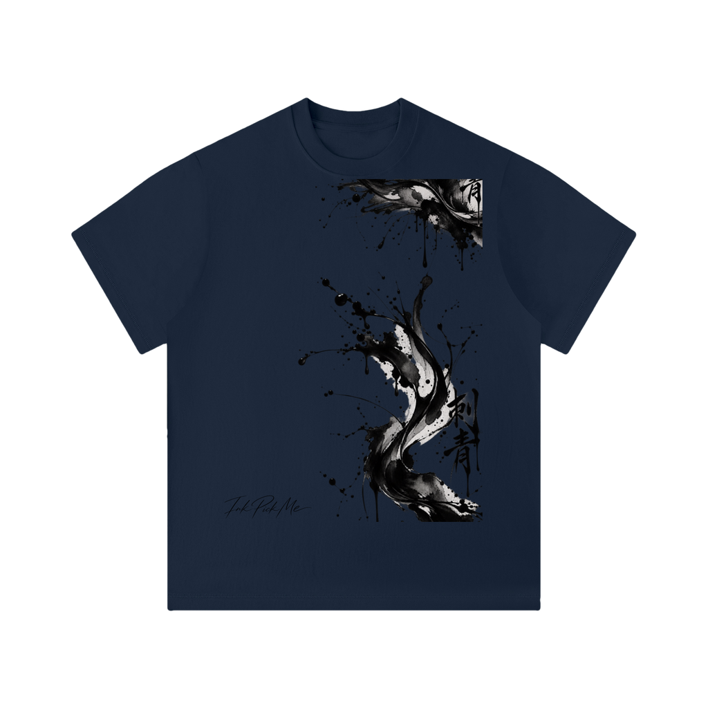 T-shirt unisexe bleu marine Ink Pick Me, grande tache d'encre noire sur le devant, col rond