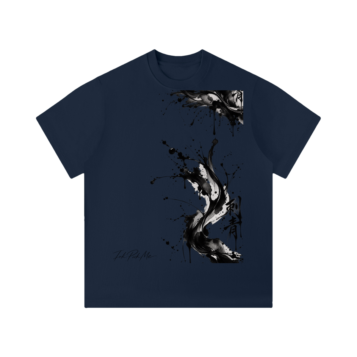 T-shirt unisexe bleu marine Ink Pick Me, grande tache d'encre noire sur le devant, col rond