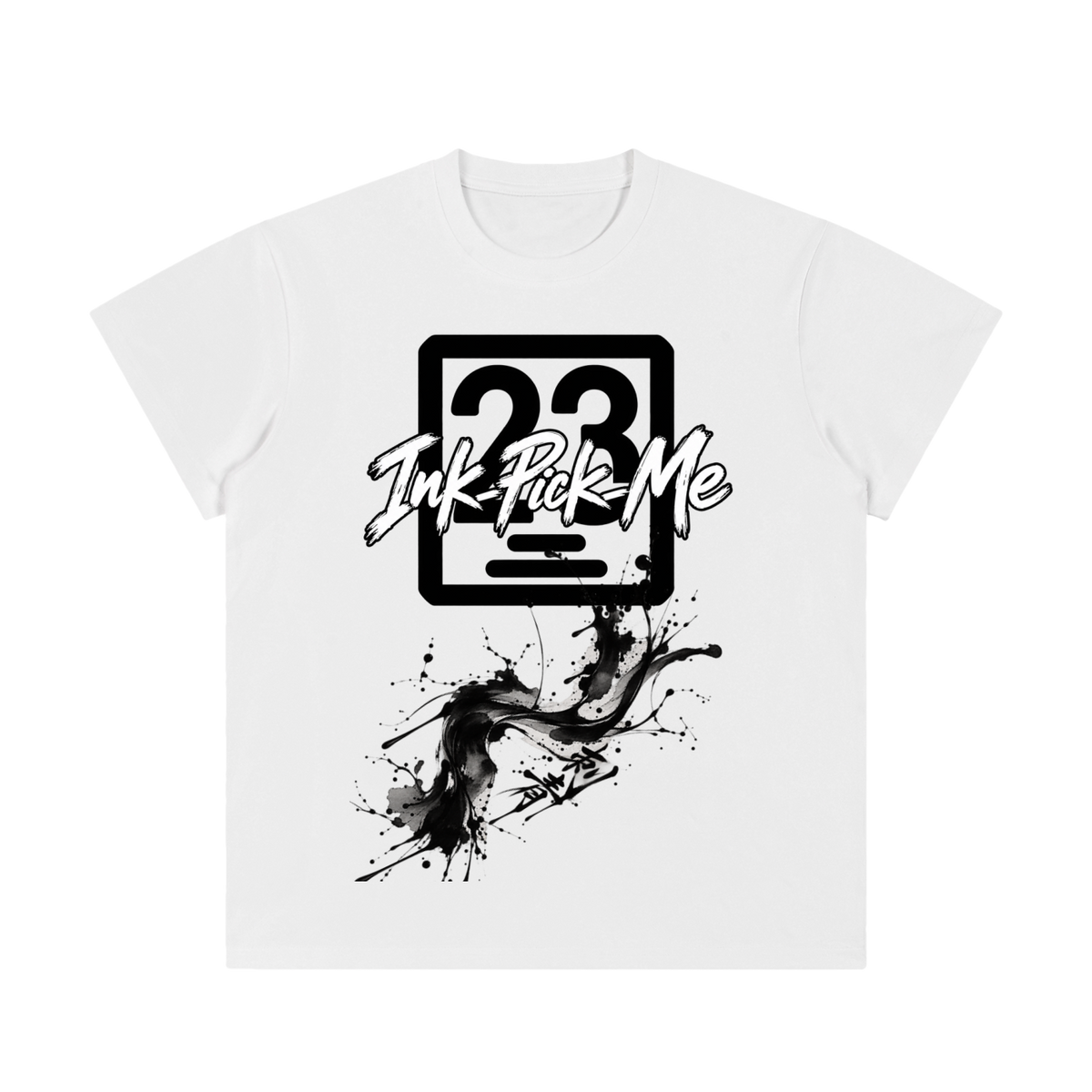 White unisex crewneck t-shirt featuring a bold black graphic with "Ink Pick Me" and splatter design. Regular fit.