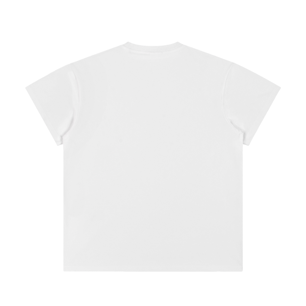 T-shirt col rond blanc unisexe, coupe ample, manches courtes et col côtelé