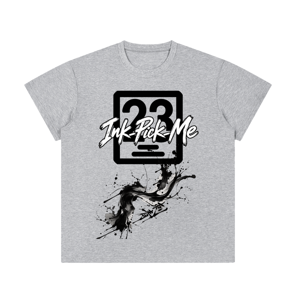 T-shirt col rond gris unisexe, logo Ink Pick Me et éclaboussures d'encre