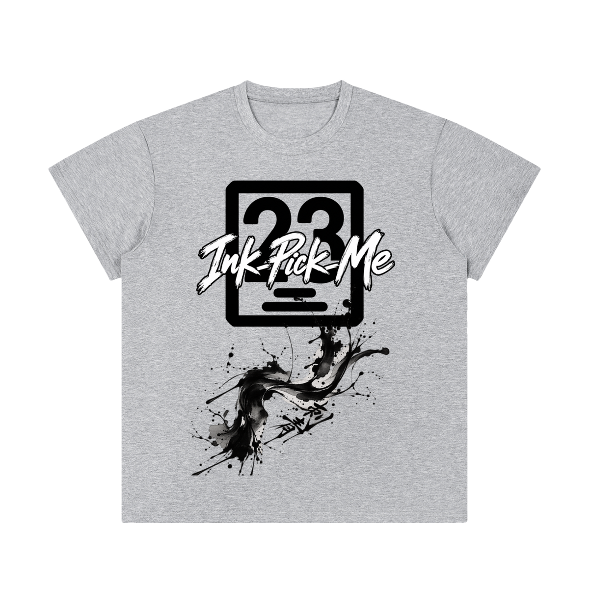 Unisex regular fit crewneck t-shirt in gray, featuring a bold graphic design with "Ink-Pick Me" and splatter patterns.