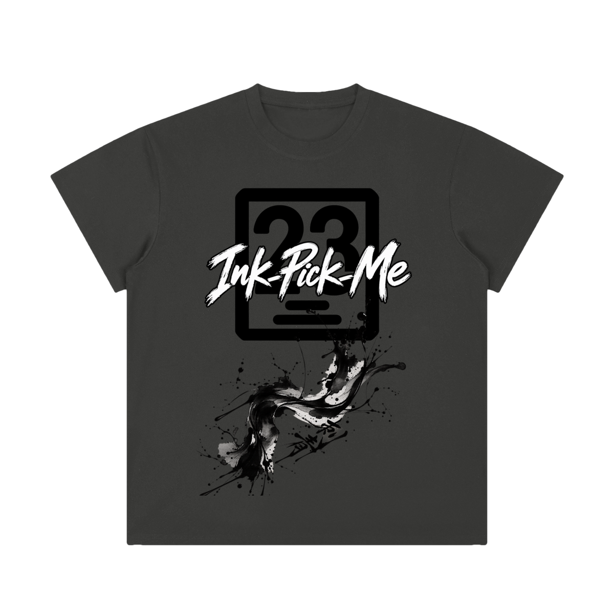 Unisex regular fit crewneck t-shirt in dark gray featuring bold white graphic "Ink-Pick-Me" and painterly splashes.
