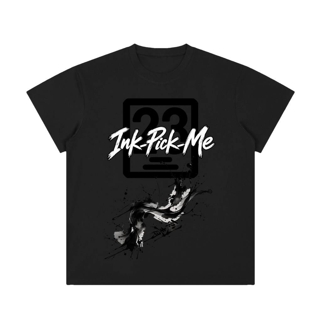 T-shirt col rond noir unisexe, logo Ink Pick Me et éclaboussures abstraites sur le devant