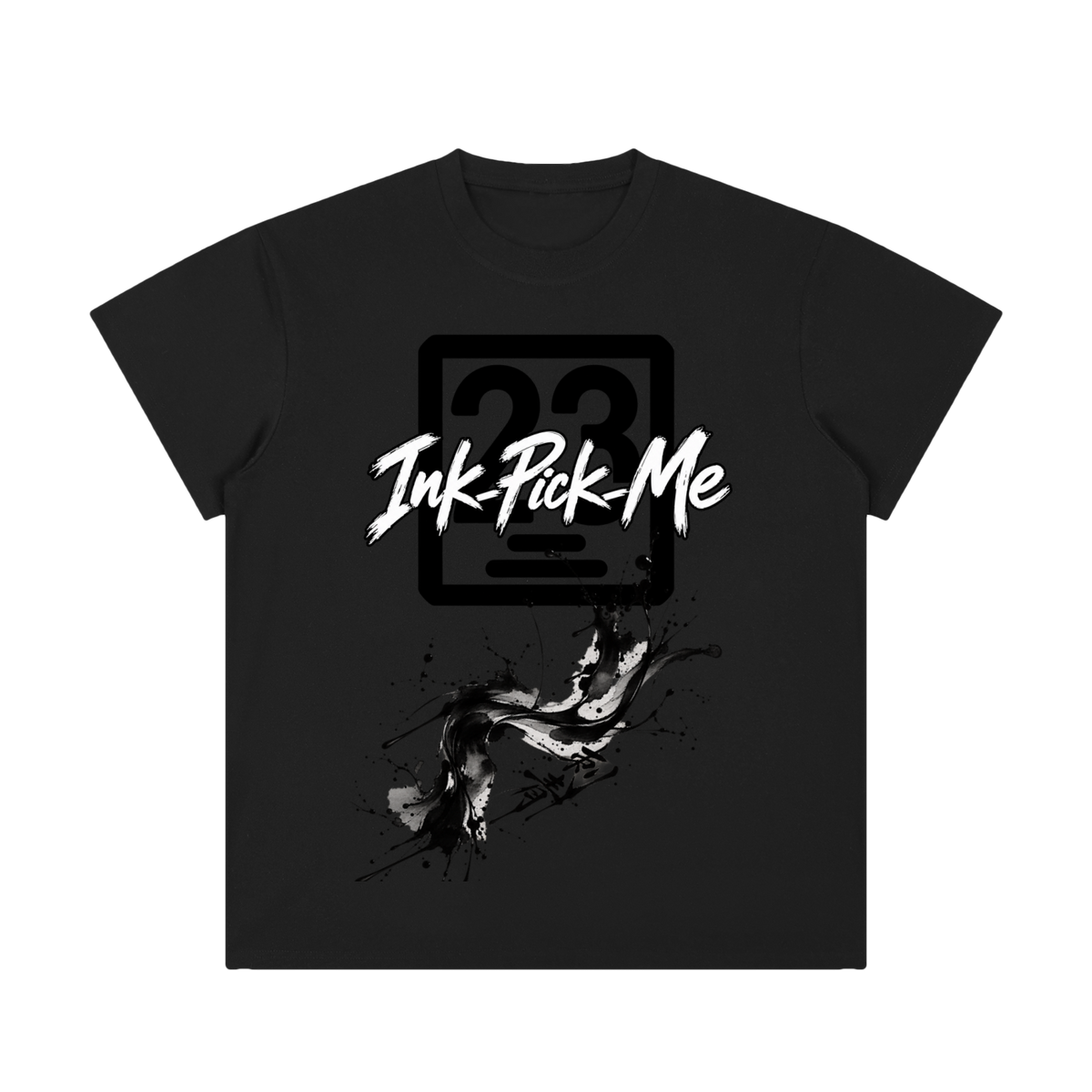 T-shirt col rond noir unisexe, logo Ink Pick Me et éclaboussures abstraites sur le devant