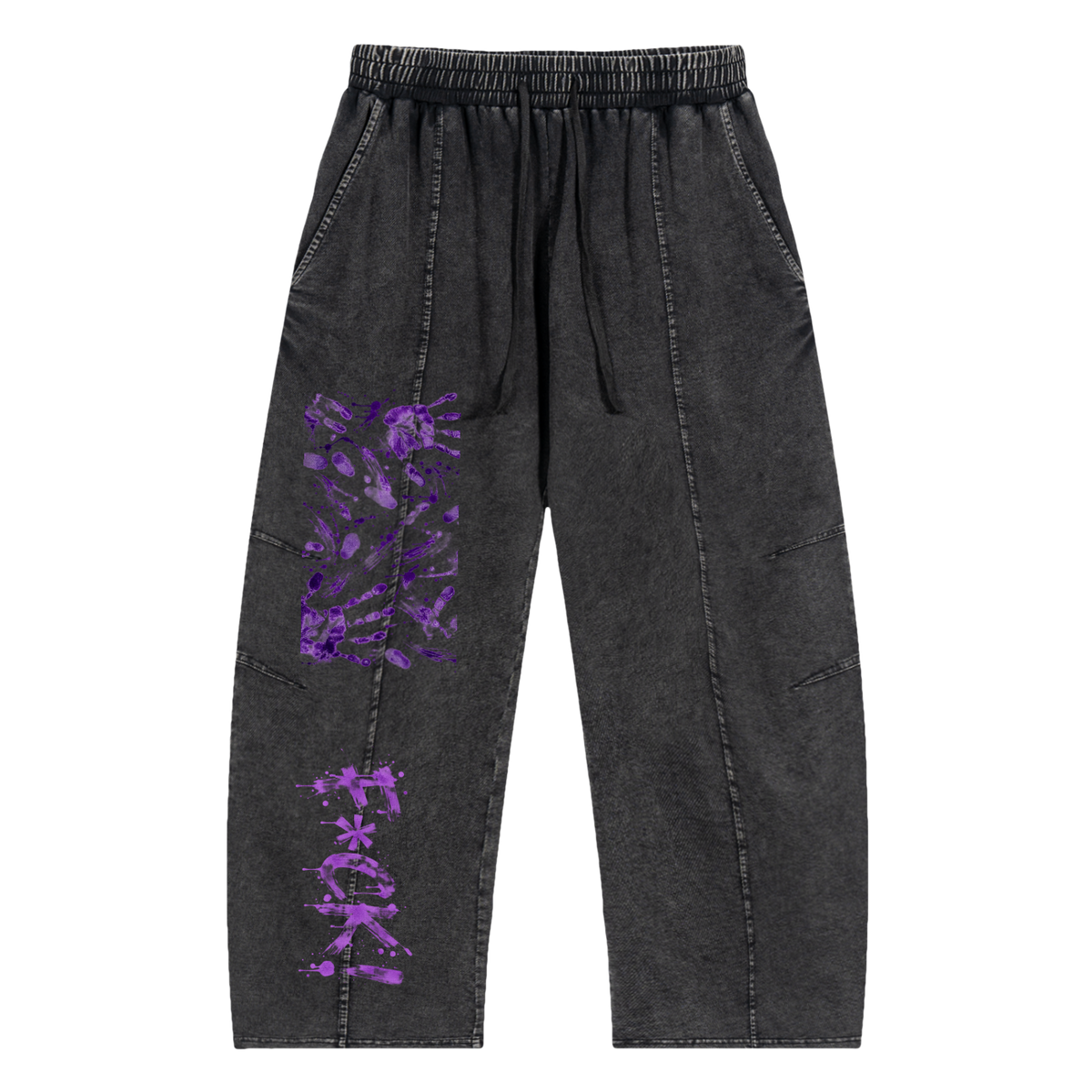 Black pants with a relaxed fit, featuring purple graphic stains and text. Designed for a streetwear style.