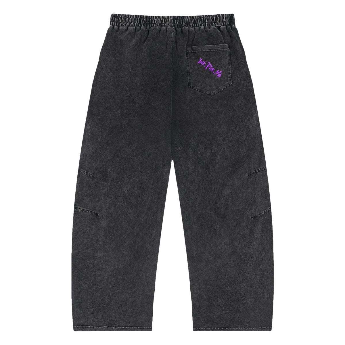 Black oversized pants with a faded look, featuring a purple "Ink Pick Me" logo on the back pocket.