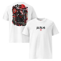 T-shirt blanc Inky Yokai, chat noir masqué imprimé au dos, style dark kawaii