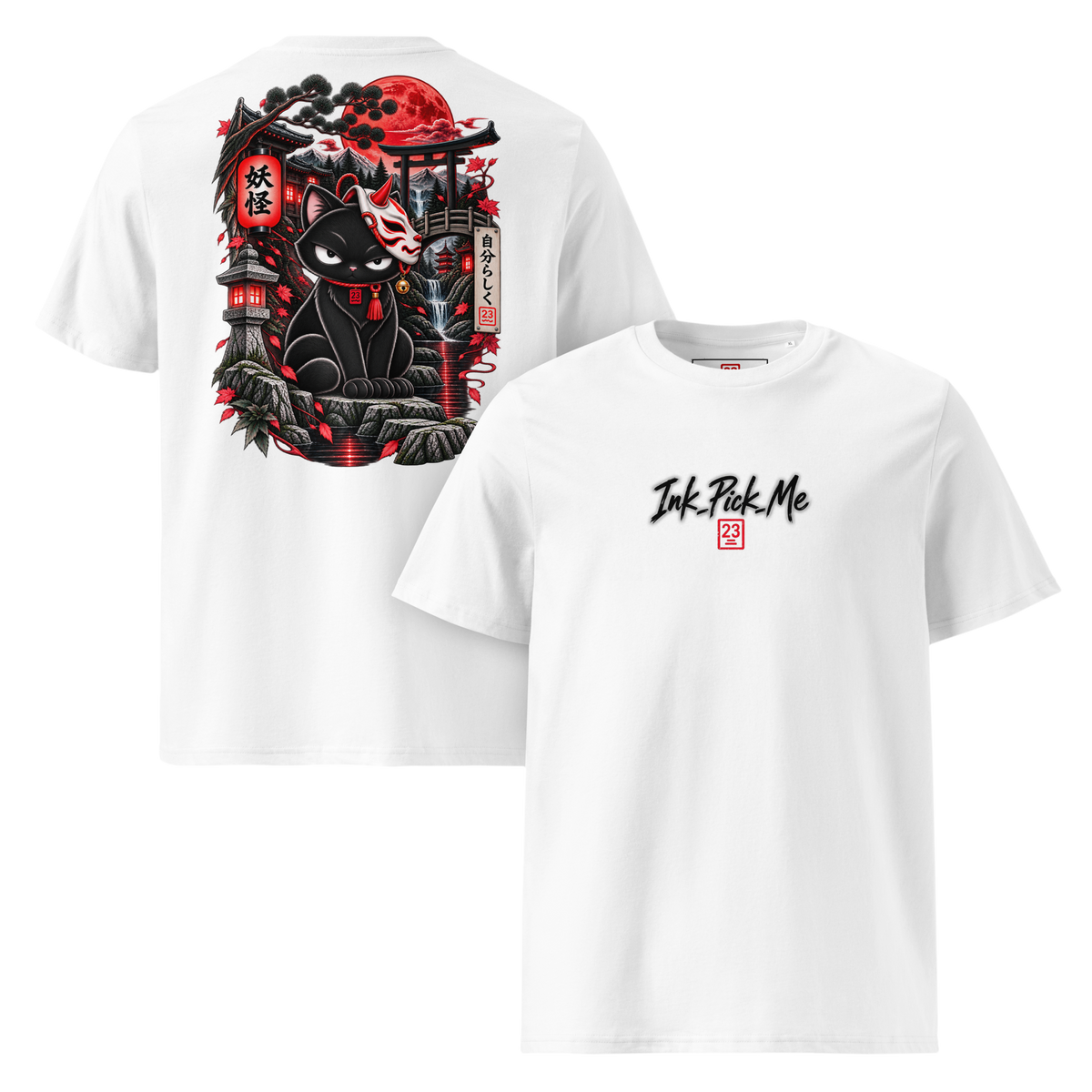 T-shirt blanc Inky Yokai, chat noir masqué imprimé au dos, style dark kawaii